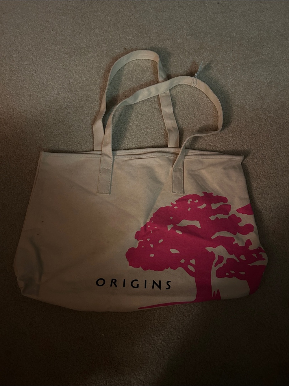 Origins Cream Canvas Tote with Pink Tree Graphic